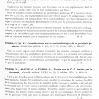 0499 - Page 443 - Analyses. Neurologie. Études spéciales. Paralysie générale. Piolti (Mario). Perméabilité méningée dans la paralysie générale aux différents ambocepteurs hémolytiques normaux et au complément du sérum sanguin (Permeabilita delle meningi nella paralisi progressiva a vari ambocettori emolitici normali de al complemento del siero di sangue). Rivista di Patologia nervosa e mentale... / Prunell (A.). La polypeptidorachie dans la paralysie générale. Dissociation cyto-polypeptidique. Comptes rendus de la Société de biologie... / Rimbaud (M. P.). Considérations sur la malariathérapie de la paralysie générale, Montpellier médical... / Roger (H.), Alliez (J.) et Filhol (L.). Trente cas de P. G. traités par le stovarsol, Marseille médical... / Rousset et Tassovatz. Evolution cytologique du L. C.-R. dans la paralysie générale traitée par la malaria et la chimiothérapie. Encéphale...