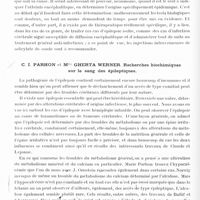 0548 - Page 492 - Congrès neurologique international. Londres, 29 juillet-2 août 1935. Les épilepsies (Programme préparé par M. le Professeur Marburg). Communications ayant trait à l'épilepsie. Séance du jeudi après-midi. Session 14. René Cruchet... L'épilepsie postencéphalitique / C. I. Parhon et Mlle Gherta Werner. Recherches biochimiques sur le sang des épileptiques