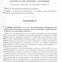 0611 - Page 555 - Congrès neurologique international. Londres, 29 juillet-2 août 1935. IVe Question. L'hypothalamus et la représentation centrale du système autonome (Programme préparé par M. le Professeur Brouwer). Rapports. C. U. Ariens Kappers... Le développement phylogénique des centres hypothalamiques autonomes (poissons, amphibies, reptiles, oiseaux, comparés aux mammifères inférieurs) / W. E. Le Gros Clark... Structure et développement de l'hypothalamus chez l'homme