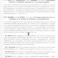 0633 - Page 577 - Congrès neurologique international. Londres, 29 juillet-2 août 1935. Communications diverses. Neurologie clinique. Séance du mardi après-midi. Session 2. E. Herman... Les considérations cliniques sur l'encéphalomyélite épidémique disséminée, basées sur une centaine de cas observés en Pologne entre 1927 et 1935 / S. E. Katz. W. Sherwood et A. Ferraro... Polycythémie associée à l'encéphalite chronique et à la paralysie agitante / B. H. Balser et L. S. Kubie... Le drainage spinal forcé dans le traitement de la maladie de Parkinson postencéphalitique / D. Denny-Brown... Pathologie de la polymyosite