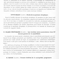 0634 - Page 578 - Congrès neurologique international. Londres, 29 juillet-2 août 1935. Communications diverses. Neurologie clinique. Séance du mardi après-midi. Session 2. Lauretta Bender... Etude psychiatrique, neurologique et neuro-pathologique de deux cas d'artériolite altérative disséminée, associée à une septicémie aiguë / Otto Maas... Etude de la myotonie atrophique / E. Blake Pritchard... Les troubles neuro-musculaires dans les formes graves de la myasthénie / S. Nevin... Formes tardives de la myopathie progressive et pathologie de ces cas