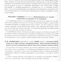 0670 - Page 614 - Congrès neurologique international. Londres, 29 juillet-2 août 1935. Communications diverses. Tumeurs intracrâniennes. Séance du jeudi après-midi. Session 9. G. Ayala... Le syndrome tumoral prépyramidal / William J. German... Médulloblastome du cervelet ; amélioration du pronostic et du traitement / N. W. Winkelman... et J. L. Eckel... Tumeurs cérébelleuses de la ligne médiane (médulloblastomes). Etude anatomo-clinique de quatre cas avec dissémination diffuse dans tout le système nerveux central / E. Busch... Tumeur du chisma / Hilding Bergstrand... La maladie de Sturge-Weber