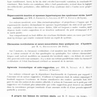 0862 - Page 806 - XXXIXe Congrès des aliénistes et neurologistes de France et des pays de langue française. Bruxelles, 22-28 juillet 1935. Communications diverses. Comment et où rechercher les symptômes objectifs caractéristiques des divers syndromes striés, par M. J. Froment... / Répercussivité émotive et spasmes hypertoniques des syndromes striés. Leurs modalités, par MM. J. Froment, C. Chaniel et Mlle A. Feyeux... / Chronaxies vestibulaires et neuro-musculaires dans quelques cas d'hystérie, par M. G. Bourguignon... / Agueusie traumatique et auto-suggestion, par MM. R. Nyssen et J. Hels-Moortel... / A propos des lésions du cerveau sénile, par M. P. Divry...