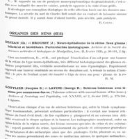 0893 - Page 837 - Analyses. Neurologie. Études spéciales. Polynévrites et nerfs périphériques. Thompson (R. H.). Encéphalo-myélite disséminée consécutive à une névrite ascendante. Journal of nervous and mental diseases... / Victoria (M.). Paralysie du grand dentelé (Paralisis del serrato mayor). Revista oto-neuro-ophtalmologica y de Cirurgia neurologica sud-americana... / Organes des sens (oeil). Dejean (Ch.) et Broussy (J.). Neuro-épithéliome de la rétine (faux gliome) bilatéral et héréditaire. Particularités histologiques. Archives de la Société des sciences médicales et biologiques de Montpellier... / Gottlieb (Jacques S.) et Lavine (George R.). Sclérose tubéreuse avec lésions peu communes des os. (Tuberous sclerosis with unusual lesions of the bones). Archives of Neurology and Psychiatry... / Hassin (G. H.) et Thompson (J. J.). Pupilles toniques ou atoniques. Etude de trois cas. Journal of nervous and mental diseases...