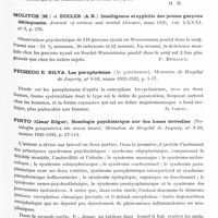 0905 - Page 849 - Analyses. Psychiatrie. Études générales. Laboucarie (J.) et Valdiguie (P.). Les états anxieux et les troubles de la calcémie. Paris médical... / Molitch (M.) et Eccles (A. K.). Intelligence et syphilis des jeunes garçons délinquants. Journal of nervous and mental Diseases... / Pecheco E Silva. Les paraphrénies (As parafrenias). Memorias do Hospital de Juquery... / Pinto (César Edgar). Nosologie psychiatrique sur des bases nouvelles (Nosologia psiquiatrica em novas bases). Memorias do Hospital de Juquery... / Simon (Th.), Roux (J.-Ch.) et Goiffon (R.). L'index-tyrosine de polypeptidémie dans les maladies mentales. Comptes rendus des séances de la Société de biologie...