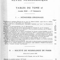 0005 - Page 1 - Tables du tome 65. Année 1936 - 1er semestre. I. Mémoires originaux / II. Société de neurologie de Paris