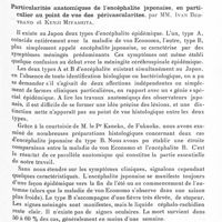 0129 - Page 81 - Société de neurologie de Paris. Séance du 9 janvier 1936. Communications. Syndrome pseudo-bulbaire et cérébelleux d'origine protubérantielle avec myoclonies rythmiques et synchrones vélo-pharyngo-facio-laryngées bilatérales et myoclonies oculaires et squelettiques unilatérales, par MM. O. Crouzon et Jean Christophe / Particularités anatomiques de l'encéphalite japonaise, en particulier au point de vue des périvascularites, par MM. Ivan Bertrand et Kenji Miyashita