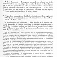 0159 - Page 111 - Société de neurologie de Paris. Séance du 9 janvier 1936. Communications. Maladie de Schilder, par MM. Jacques de Massary et R. Albeissar / A propos d'un traumatisme du lobe frontal. Absence de symptômes cérébelleux et vestibulaires, par MM. André-Thomas, Th. de Martel et J. M. Guillaume