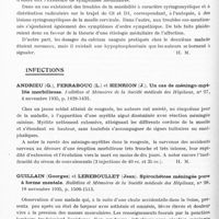 0506 - Page 458 - Analyses. Neurologie. Études générales. Dystrophies. Powers Hale. La maladie de Dupuytren cent ans après lui. Son interprétation. Journal of nervous and mental Diseases... / Urechia (C. I.) et Dragomir (L.). Rétraction de l'aponévrose palmaire. Maladie de Dupuytren avec dissociation syringomyélique de la sensibilité. Paris médical... / Infections. Andrieu (G.), Ferrabouc (L.) et Henrion (J.). Un cas de méningo-myélite morbilleuse. Bulletins et mémoires de la Société médicale des hôpitaux... / Guillain (Georges) et Lereboullet (Jean). Spirochétose méningée pure à forme mentale. Bulletins et mémoires de la Société médicale des hôpitaux...