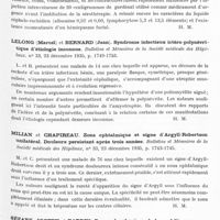 0507 - Page 459 - Analyses. Neurologie. Études générales. Infections. Acquet (Paul), Thieffry (Stéphane), Maury (Pierre) et Naftalis. Tétanos cérébral d'emblée compliquant une avulsion dentaire. Hémispasme facial. Guérison. Bulletins et mémoires de la Société médicale des hôpitaux... / Lelong (Marcel) et Bernard (Jean). Syndrome infectieux ictéro-polynévritique d'étiologie inconnue. Bulletins et mémoires de la Société médicale des hôpitaux... / Milian et Chapireau. Zona ophtalmique et signe d'Argyll-Robertson unilatéral. Douleurs persistant après trois années. Bulletins et mémoires de la Société médicale des hôpitaux... / Sézary, Joseph et Bardin. Forme dysphagique de la syphilis nerveuse. Bulletins et mémoires de la Société médicale des hôpitaux...