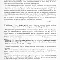 0513 - Page 465 - Analyses. Neurologie. Études générales. Système neuro-végétatif. Sénèque et Lelong. Côte cervicale bilatérale. Syndrome de Raynaud unilatéral ; résultat éloigné d'une intervention chirurgicale ; ablation de la côte et sympathectomie sous-clavière. Artériectomie secondaire de l'artère humérale. Bulletins et mémoires de la Société nationale de chirurgie... / Sparchez (T.) et Viciu (E.)... Miscarea medicala româna... / Tomesco (P.) et Constantinesco (S.)... Le système nerveux végétatif dans les psychoses. Miscarea medicala româna... / Ungar (C.). Sur le mode de terminaison des nerfs sympathiques. Données expérimentales. Soc. anat..., Ann. anat. path...