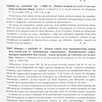 0517 - Page 469 - Analyses. Neurologie. Études générales. Glandes à sécrétion interne. Klein (Frantisck) et Wagnerova-Hatrikova (Helena). Contribution à la pathogénie de la maladie de Cushing. (Prispevock k patogenezi « Morbus Cushing »). Revue v Neurologii a Psychiatrii... / Lesné (E.), Launay (Ch.) et Sée (G.). Diabète insipide au cours d'une maladie de Besnier-Boeck. Bulletins et mémoires de la Société médicale des hôpitaux... / May (Etienne) et Layani (F.). Obésité rebelle avec hypoménorrhée traitée avec succès par la radiothérapie hypophysaire. Transformation scléro-kystique consécutive des ovaires ; action favorable de l'insuline sur la douleur. Bulletins et mémoires de la Société médicale des hôpitaux... / Melli (Guido). La maladie de Schüller-Christian (Il morbo di Schüller-Christian). Il Policlinico...