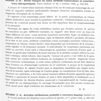0525 - Page 477 - Analyses. Neurologie. Études spéciales. Cervelet. Barré (J.-A.). Etude clinique du coma cérébello-ventriculaire et considérations thérapeutiques. Paris médical... / Huard (J. A.). Atrophie cérébelleuse probable à caractère familial. Bulletin de la Société médicale des hôpitaux universitaires de Québec...