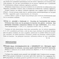 0531 - Page 483 - Analyses. Neurologie. Études spéciales. Organes des sens (Oreille). Draganesco (S.)... Contributions à la connaissance de la physiologie et de la physiopathologie de l'appareil vestibulaire. Les réflexes vestibulo-végétatifs chez l'homme. Miscarea medicala româna... / Jayle (J.), Alliez et Paillas (J.). Troubles de l'excitabilité des canaux verticaux dans deux cas de paralysie de fonction des globes oculaires. Des paralysies dissociées automatico-réflexe de type vestibulaire. Revue d'oto-neuro-ophtalmologie... / Méningites. Bénard (René), Poumailloux (M.) et Négréanu (Al.). Méningite aiguë lymphocytaire et urticaire, survenue après injection d'un produit mercuriel. Bulletins et mémoires de la Société médicale des hôpitaux...