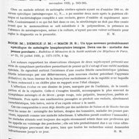 0533 - Page 485 - Analyses. Neurologie. Études spéciales. Méningites. Lesné (E.), Saenz (A.), Fontes Magaro (M.) et Costil (L.). Résultats et intérêt pratique de l'ensemencement direct de 106 liquides céphalo-rachidiens dans des cas de méningite produite par des bacilles tuberculeux humains ou bovins. Comptes rendus des séances de la Société de biologie... / Nordman. Méningites cérébro-spinales à rechutes. Loire médicale... / Roch (M.), Demole (J. M.) et Mach (R. S.). Un type nouveau probablement spécifique de méningite lymphocytaire bénigne. Deux cas de « maladie des jeunes porchers ». Bulletins et mémoires de la Société médicale des hôpitaux de Paris... / Terrien (F.). Stase papillaire et méningite séreuse. Bulletin de l'Académie de médecine...