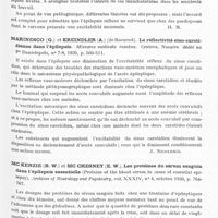 0535 - Page 487 - Analyses. Neurologie. Études spéciales. Épilepsie. Marchand (L.). De l'épilepsie réflexe. Paris médical... / Marinesco (G.) et Kreindler (A.)... La réflectivité sino-carotidienne dans l'épilepsie. Miscarea medicala româna... / Mc Kenzie (B. W.) et Mc Chesney (E. W.). Les protéines du sérum sanguin dans l'épilepsie essentielle (Proteins of the blood serum in cases of essential epilepsy). Archives of Neurology and Psychiatry... / Parhon, Kreindler et Schachter. Un cas de crises comitiales associées à des phénomènes hypo-parathyroïdiens. Rev. méd. de l'Est...