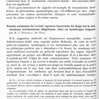 0680 - Page 632 - Société de neurologie de Paris. Séance du 5 mars 1936. Hérédité spasmodique : torticolis convulsif chez la mère, convulsions faciales chez la fille, par M. Henry Meige / Pseudo-extension de l'orteil, épreuve incorrecte du doigt sur le nez, mictions involontaires illégitimes, chez un hystérique trépané, par M. J. Boisseau...