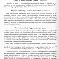 0748 - Page 700 - Sociétés. Société d'oto-neuro-ophtalmologie du Sud-Est. (Séance régionale du 26 janvier 1936). Un cas de névrite optique a « frigore », par Deloge / Migraine ophtalmique d'origine traumatique, par Moriez / Un cas de méningite hypertensive, par Cossa / Paralysie de l'oculogyre droit transformée en paralysie isolée du moteur oculaire externe droit, par MM. Rimbaud et Anselme-Martin / Un cas de myasthénie amélioré par la prostigmine, par MM. Boisseau, Cazalis, Couderc et Rivoire