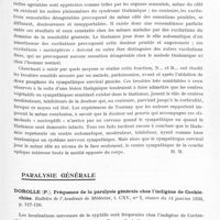 0781 - Page 733 - Analyses. Neurologie. Études spéciales. Noyaux gris centraux. Noica (D.) et Bals (M.). Contribution à la physiologie de la couche optique. L'Encéphale... / Paralysie générale. Dorolle (P.). Fréquence de la paralysie générale chez l'indigène de Cochinchine. Bulletin de l'Académie de médecine...