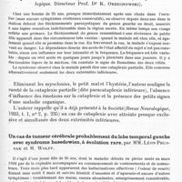 0891 - Page 843 - Société de neurologie de Varsovie. Séance du 24 octobre 1935. Méningite séreuse récidivante à la suite d'une méningite cérébro-spinale épidémique, par MM. E. Herman et H. Zeldowicz (Service de neurologie de l'hôpital Czyste à Varsovie. Chef de service : E. Herman) / Cataplexie « en révérence », par Z. W. Kuligowski (Clinique neurologique. Directeur Prof. Dr K. Orzechowski) / Un cas de tumeur cérébrale probablement du lobe temporal gauche avec syndrome basedowien, à évolution rare, par MM. Léon Prussak et M. Wolff