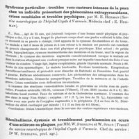 0895 - Page 847 - Société de neurologie de Varsovie. Séance du 25 novembre 1935. Un cas de maladie de Werdning-Hoffman, par Mlle L. Fiszhaut et St. Mackiewicz / Syndrome particulier : troubles vaso-moteurs intenses de la peau chez un individu présentant des phénomènes extrapyramidaux, crises comitiales et troubles psychiques, par M. E. Herman (Service neurologique de l'hôpital Czyste à Varsovie. Médecin chef : E. Herman) / Hémiballisme, dystonie et tremblement parkinsonien au cours d'une sclérose en plaques, par MM. W. Sterling et W. Stein (Travail du service neurologique de l'hôpital Czyste à Varsovie. Chef du service : Dr W. Sterling...)