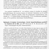 0896 - Page 848 - Société de neurologie de Varsovie. Séance du 25 novembre 1935. Hémiballisme, dystonie et tremblement parkinsonien au cours d'une sclérose en plaques, par MM. W. Sterling et W. Stein (Travail du service neurologique de l'hôpital Czyste à Varsovie. Chef du service : Dr W. Sterling...) / Epilepsie d'origine traumatique. Accès hyperkinétiques pendant la rotation de la tête, par Mlle Gelbard et M. Kuligowski (Clinique neurologique du Prof. Orzechowski) / Signe de Mees et sa modification démarcativo-compressive au cours des polynévrites, par MM. Sterling, Prussak et Wolff (Service neurologique de l'hôpital Czyste, Varsovie. Dr W. Sterling...)