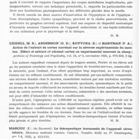 0944 - Page 896 - Analyses. Neurologie. Études générales. Glandes à sécrétion interne. Drouet, Vérain, Grandpierre (G.) et Pierquin. Un cas de diabète insipide avec glycosurie. Traitement par les ondes courtes sur la région hypophyso-tubérienne. Bulletins et mémoires de la Société médicale des hôpitaux... / Laruelle (L.). L'appareil d'innervation des glandes endocrines. Bruxelles médical... / Liddell (H. S.), Anderson (O. D.), Kotyuka (E.) et Hartman (F. A.). Action de l'extrait de cortex surrénal sur la névrose expérimentale du mouton. (Effect of extract of adrenal cortex on experimental neurosis in sheep.). Archives of Neurology and Psychiatry... / Marcou (I.)... La thérapeutique hormonale de l'appareil circulatoire. Miscarea medicala româna... / Wolf (Ch.). La castration de l'homme pour perversion sexuelle ou délit de moeurs. Annales médico-psychologiques...