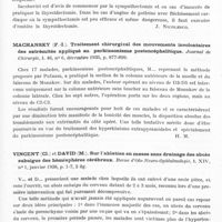0957 - Page 909 - Analyses. Neurologie. Études générales. Chirurgie nerveuse. Babtchine (I. S.). Les résultats immédiats et lointains de la cordotomie. Journal de chirurgie... / Iacobovici (I.)... Le traitement chirurgical de l'angine de poitrine, Miscarea medicala româna, Craiova... / Machansky (F.-I.). Traitement chirurgical des mouvements involontaires des extrémités appliqué au parkinsonisme postencéphalitique. Journal de chirurgie... / Vincent (Cl.) et David (M.). Sur l'ablation en masse sans drainage des abcès subaigus des hémisphères cérébraux. Revue d'oto-neuro-ophtalmologie...