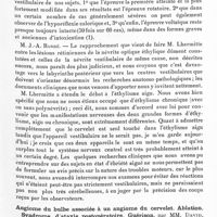 1025 - Page 975 - Société de neurologie de Paris. Séance du 7 mai 1936. Communications. Etude des réactions vestibulaires dans l'intoxication éthylique, par MM. J.-A. Barré et Oscar Metzger... / Angiome du bulbe associée à un angiome du cervelet. Ablation. Syndrome d'ataxie postopératoire. Guérison, par MM. David, S. Thieffry et H. Askenasy