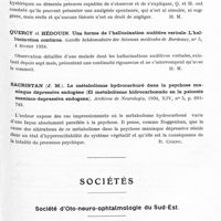1105 - Page 1055 - Analyses. Psychiatrie. Études générales. Psychoses. Marinesco (Pr G.). Quelques données nouvelles sur l'hystérie (A l'occasion de l'article du Dr Noica). Romania medicala... / Quercy et Hédouin. Remarques sur l'analgésie hystérique chez les malades d'asile. Gazette hebdomadaire des sciences médicales de Bordeaux... / Quercy et Hédouin. Une forme de l'hallucination auditive verbale. L'hallucination continue. Gazette hebdomadaire des sciences médicales de Bordeaux... / Sacristan (J. M.). Le métabolisme hydrocarburé dans la psychose maniaque dépressive endogène (El metabolismo hidrocarbonado en la psicosis maniaco-depressiva endogena). Archivos de Neurologia... / Sociétés. Société d'oto-neuro-ophtalmologie du Sud-Est. Séance du 30 mars 1936. Hémianopsie et hémiparésie par hémorragie cérébro-cutanée après ventriculographie pour angiomatose cérébro-cutanée, par MM. H. Roger, M. Arnaud, J. Alliez et J. Paillas