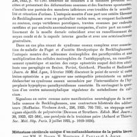 1526 - Page 1476 - Société de neurologie de Paris. Séance du 28 mai 1936. Communications. Compression médullaire et ostéite fibrokystique de Recklinghausen au cours d'une sarcomatose de Kaposi, par MM. Henri Roger et Paul Vigne... / Métastase cérébrale unique d'un mélanoblastome de la petite lève, par MM. H. Roger, M. Mosinger, J. Paillas et A. Jouve