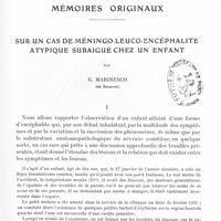 0049 - Page 1 - Mémoires originaux. Sur un cas de méningo-leuco-encéphalite atypique subaiguë chez un enfant, par G. Marinesco...