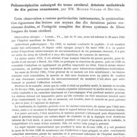 0110 - Page 62 - Société de neurologie de Paris. Séance du 2 juillet 1936. Communications. Cholestéatome intramédullaire. Intervention. Guérison, par MM. P. Puech, A. Plichet, F. Visalli et M. Brun (Travail du service de neuro-chirurgie du Dr Vincent) / Polioencéphalite subaiguë du tronc cérébral. Atteinte unilatérale de dix paires crâniennes, par MM. Monier-Vinard et Brunel