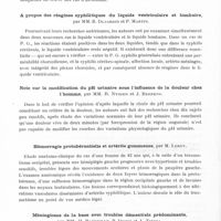 0210 - Page 162 - Sociétés. Société belge de neurologie. Séance du 23 mai 1936. Epilepsie-myoclonie, par MM. J. Heernu et L. Massion-Verniory / A propos des réagines syphilitiques du liquide ventriculaire et lombaire, par MM. B. Dujardin et P. Martin / Note sur la modification du pH urinaire sous l'influence de la douleur chez l'homme, par MM. R. Nyssen et J. Beerens / Hémorragie protubérantielle et artérite gommeuse, par M. Leroy / Méningiome de la base avec troubles démentiels prédominants, par MM. H. Baonville, P. Divry et J. Titeca