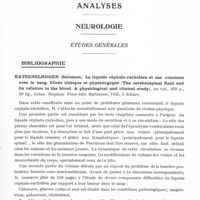 0301 - Page 253 - Analyses. Neurologie. Études générales. Bibliographie. Katzenelbogen (Salomon). Le liquide céphalo-rachidien et ses relations avec le sang. Etude clinique et physiologique (The cerebrospinal fluid and its relation to the blood. A physiological and clinical study)..., Johns Hopkins Press édit. Baltimore, 1935...