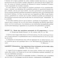 0311 - Page 263 - Analyses. Neurologie. Études générales. Séméiologie. Davison (Charles) et Schick (William). Douleur spontanée et autres troubles sensitifs subjectifs (Spontaneous pain and other subjective sensory disturbances). Archives of Neurology and Psychiatry... / Knopf (O.). Etude des caractères personnels de 30 migraineux, in Journal of Nervous and Mental Diseases... / Lazarou (Alexandrina). Les migraines et leur traitement par les ondes ultra-courtes. (Thèse, Bucarest, 1936)