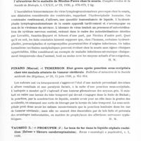 0317 - Page 269 - Analyses. Neurologie. Études générales. Liquide céphalo-rachidien. Constantin N. Ion. L'acétylcholine dans le syndrome postponctionnel, thèse Bucarest, 1936 / Levaditi (C.) et Schoen (R.). Hydrocéphalie expérimentale provoquée par l'ultravirus de la maladie de Nicolas-Favre chez la souris. Comptes rendus de la Société de biologie... / Pinard (Marcel) et Temerson. Etat grave après ponction sous-occipitale chez une malade atteinte de tumeur cérébrale. Bulletins et mémoires de la Société médicale des hôpitaux... / Taussig (L.) et Prokupek (J.). Le taux de fer dans le liquide céphalo-rachidien (Zelezo v likvoru cerebrospinalnim). Revue v neurologii a psychiatrii...