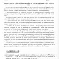 0322 - Page 274 - Analyses. Neurologie. Études spéciales. Chorée, athétose, spasmes. Rosanoff (Aaron J.) et Handy (Lova M.). La chorée de Huntington chez des jumeaux (Huntington's chorea in twins). Archives of Neurology and Psychiatry... / Sara H. Leon. Contribution à l'étude de la chorée gravidique. Thèse..., 1936 / Électrologie. Chevallier (André) et Espy (Léo). Sur l'influence de la réserve hépatique en vitamine A sur la chronaxie de subordination. Comptes rendus des séances de la Société de biologie...