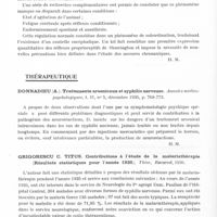 0324 - Page 276 - Analyses. Neurologie. Études spéciales. Électrologie. Mollaret (Pierre). L'influence de la posture sur l'excitabilité neuromusculaire. Variations de la chronaxie des antagonistes chez le chien par modifications posturales locales et contra-latérales. Journal de physiologie et de pathologie générale... / Thérapeutique. Donnadieu (A.). Traitements arsenicaux et syphilis nerveuse. Annales médico-psychologiques... / Grigorescu C. Titus. Contributions à l'étude de la malariathérapie (Résultats statistiques pour l'année 1935), Thèse, Bucarest, 1936