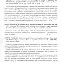 0325 - Page 277 - Analyses. Neurologie. Études spéciales. Thérapeutique. Grigorescu C. Titus. Contributions à l'étude de la malariathérapie (Résultats statistiques pour l'année 1935), Thèse, Bucarest, 1936 / Putnam (Tracy J.) et Hampton (Aubrey O.). Technique d'injection dans le ganglion de Gasser sous contrôle radiologique (A technic of injection into the Gasserian ganglion under roentgenographic control). Archives of Neurology and Psychiatry... / Rosa (Gaetano de). L'évolution de la thérapeutique par le travail chez les malades mentaux (L'evoluzione della terapia di occupazione negli ammalati di mente). L'Ospedale psichiatrico... / Seitan Ionel (I.). Contributions à l'étude de la malariathérapie (les résutlats thérapeutiques obtenus dans la syphilis nerveuse entre 1925-1935). Thèse..., 1936