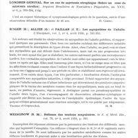 0327 - Page 279 - Analyses. Neurologie. Études spéciales. Muscles. Lolli (N.) et Rossi (E.). Nouvelle contribution à la maladie de Thomsen. (Ancora sul morbo di Thomsen). Annali della Facolta di Medicina e Chirurgia di Perugia... / Londres Genival. Sur un cas de myotonie atrophique (Sobre un caso de miotonia atrofica). Arquivos Brasileiros de Neuriatria e Psiquiatria... / Roger (H.), Alliez (G.) et Paillas (J. E.). Les myopathies de l'adulte. L'Encéphale... / Weingrow (S. M.). Réflexes des tendons scapulaires, in J. of Ment. Dis... / Diencéphale. Alpers (Bernard J.). Hyperthermie en rapport avec des lésions de l'hypothalamus (Hyperthermia due to lesions in the hypothalamus). Archives of Neurology and Psychiatry...
