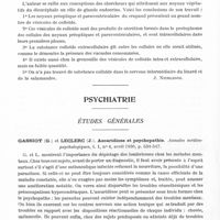 0330 - Page 282 - Analyses. Neurologie. Études spéciales. Diencéphale. Rowe (Stuart N.). Localisation du mécanisme du sommeil. (Localisation of the sleep mechanism). Brain... / Sanz Ibanez (J.). Contribution à la connaissance de la glande diencéphalique. Travaux du laboratoire de recherches biologiques de l'Université de Madrid... / Psychiatrie. Études générales. Gassiot (G.) et Leclerc (J.). Ascaridiose et psychopathie. Annales médico-psychologiques...