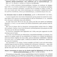 0468 - Page 420 - XLe Congrès des aliénistes et neurologistes de France et des pays de langue française. Session de Bâle-Zurich-Neuchâtel, 20-25 juillet 1936. Communications diverses. Mouvements choréiques bilatéraux tardifs au cours de l'évolution d'une tumeur de la région pédonculo-quadrigéminale, par M. le Pr H. Roger, MM. Arnaud et J. Paillas... / Chorée chronique avec secousses électriques au cours d'une encéphalopathie infantile hérédo-syphilitique, très améliorée par la malariathérapie, par MM. les Pr H. Roger, J. Alliez et J. Paillas... / La chronaxie dans la chorée de Sydenham, par M. G. Bourguignon... / Aspect anatomique de deux cas de chorée aiguë de Sydenham et d'un cas de chorée artériosclérotique, par MM. F. Luthy et Hotz / Syndromes striés hyperkinétiques et troubles mentaux, par MM. H. Ey et J. Micard...