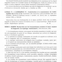 0502 - Page 454 - Analyses. Neurologie. Études spéciales. Crâne. Guillain (Georges), Ledoux-Lebard (René) et Lereboullet (Jean). Ostéoporose circonscrite du crâne. Maladie de A. Schüller. Bulletins et mémoires de la Société médicale des hôpitaux... / Longo (V.) et Lombardo (V.). Contribution à la connaissance de l'ostéomyélite des os du crâne (Contributo alla conoscenza dell'osteomielite delle ossa craniche). Rivista di Patologia nervosa e mentale... / Semo I. Marie. Recherches sur les traumatismes crâniens et leurs moyens de diagnostic (Le repérage ventriculaire). Thèse Bucarest, 1936
