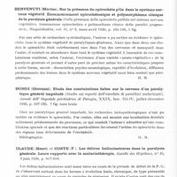 0504 - Page 456 - Analyses. Neurologie. Études spéciales. Paralysie générale. Barison (Ferdinando). Classification et analyse des états oniriques et description des états oniroïdes dans la paralysie générale après impaludation (Classificazione ed analisi degli onirismi e descrizione degli stati oniroidi nella paralisi progressiva malarizzata). Rivista sperimentale di Freniatria... / Benvenuti (Marino). Sur la présence du spirochète pâle dans le système nerveux végétatif. Ensemencement spirochétosique et polymorphisme clinique de la paralysie générale (Sulla presenza della spirocheta pallida nel sistema nervoso vegetativo. Seminazione spirochetica e polimorfismo clinico della paralisi progressiva). Neopsichiatria... / Bondi (Giovanni). Etude des constatations faites sur le cerveau d'un paralytique général impaludé (Studio sui reperti dell'encefalo di paralitici malarizzati). Annali dell' Ospedale psichiatrico di Perugia... / Claude (Henri) et Coste (F.). Les délires hallucinatoires dans la paralysie générale. Leurs rapports avec la malariathérapie. Gazette des hôpitaux...