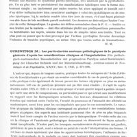 0505 - Page 457 - Analyses. Neurologie. Études spéciales. Paralysie générale. Claude (Henri) et Coste (F.). Les délires hallucinatoires dans la paralysie générale. Leurs rapports avec la malariathérapie. Gazette des hôpitaux... / Gurewitsch (M.). Les particularités anatomo-pathologiques de la paralysie générale d'après les considérations cliniques et l'impaludation (Die pathologisch-anatomischen Besonderheiten der progressiven Paralyse unter Berücksichtigung der klinischer Befunde und der Malariabehandlung). Archives suisses de neurologie et de psychiatrie... / Mari (Andrea). Considérations sur les résultats éloignés de la malariathérapie dans la paralysie générale (Considerazioni sugli esiti lontani della malariaterapia nella paralisi progressiva). Rivista sperimentale di Freniatria...