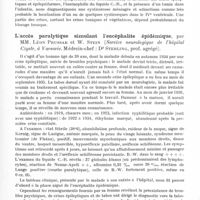 0693 - Page 645 - Société de neurologie de Varsovie. Séance du 27 février 1936. Un cas de cysticercose du système nerveux central (cysticerque IVe ventricule), par St. Mackiewicz (Clinique neurologique du Pr K. Orzechowski) / L'accès paralytique simulant l'encéphalite épidémique, par MM. Léon Prussak et W. Stein (Service neurologique de l'hôpital Czyste, à Varsovie. Médecin-chef : Dr Sterling...) / Myopathie avec paralysie périodique des extrémités, par L. Fiszhaut (Clinique neurologique du Pr K. Orzechowski)
