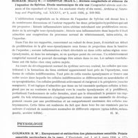 0710 - Page 662 - Analyses. Neurologie. Études générales. Anatomie pathologique. Kuhlenbeck (Hartwig) et Globus (Joseph H.). Arhinencéphalie avec éversion considérable du cerveau terminal (Arhinencephaly with extreme eversion of the end-brain). Archives of Neurology and Psychiatry... / Roback (Harry N.) et Gerstle (Mark L.). Atrésie congénitale et sténose de l'aqueduc de Sylvius. Etude anatomique de six cas (Congenital atresia and stenosis of the aqueduct of Sylvius. An anatomic study of six cases). Archives of Neurology and Psychiatry... / Physiologie. Golmann (S. W.). Enrayement et extinction des phénomènes sensitifs. Points sensitifs particuliers de la peau. L'Encéphale...