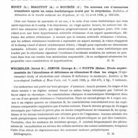 0718 - Page 670 - Analyses. Neurologie. Études générales. Intoxications. Mac Ewen (E. M.) et Buchanan (A. R.). Les cellules du système nerveux dans l'intoxication aiguë et chronique par la morphine (Cells of nervous system in chronic morphinism). Archives of Neurology and Psychiatry... / Rivet (L.), Magitot (A.) et Bourée (J.). Un nouveau cas d'amaurose transitoire après un coma barbiturique traité par la strychnine. Bulletins et mémoires de la Société médicale des hôpitaux... / Wechsler (Israel S.), Jervis (George A.) et Potts (Helen). Etude expérimentale de l'alcoolisme et déficience en vitamines B chez les singes (Experimental study of alcoholism and vitamin B deficiency in monkeys). Bulletin of the neurological Institute of New-York... / Système neuro-végétatif. Fentress (Thomas L.) et Solomon (Alfred P.). Le réflexe cutané galvanique et le test de Danielopolu chez des psychopathes (Galvanic skin reflex and Danielopolu test in psychoneuritic patients). Archives of Neurology and Psychiatry...