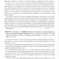 0724 - Page 676 - Analyses. Neurologie. Études générales. Liquide céphalo-rachidien. Stookey (Byron) et Scarff (John). Oblitération de l'aqueduc de Sylvius par des processus néoplasiques et non néoplasiques, avec traitement chirurgical rationnel pour cessation de l'hydrocéphalie obstructrice consécutive (Occlusion of the aqueduct of Sylvius by neoplastic and non-neoplastic and non-neoplastic processes with a rational surgical treatment for relief of the resultant obstructive hydrocephalus). Bulletin of the neurological Institute of New York... / Wortis (S. Bernard) et Marsh (Frances). La teneur en acide lactique du sang et du liquide céphalo-rachidien (Lactic acid content of the blood and of the cerebrospinal fluid). Archives of Neurology and Psychiatry...